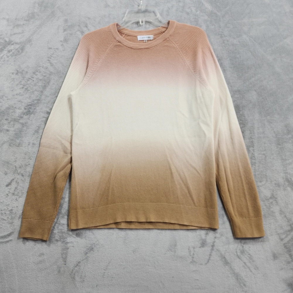 Calvin Klein Sweater Womens M Beige Ombre Waffle Knit Thermal Crew Neck Pullover